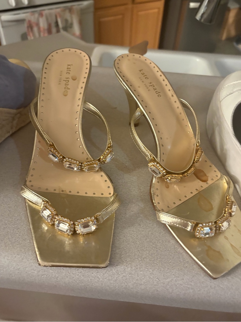 kate spade Gold Jeweled Heeled Thong Sandals